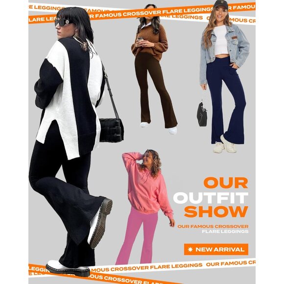 Black Flare Leggings for Women, Crossover Yoga Pants with Pockets Bootcut Flared - Picture 3 of 5